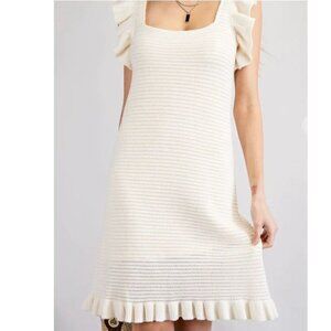 House of Harlow 1960 Cream Knit Ruffle Midi Dress Size Large Square Neck Flutter